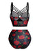 Ensemble bikini gothique roses noir à bretelles années 1980