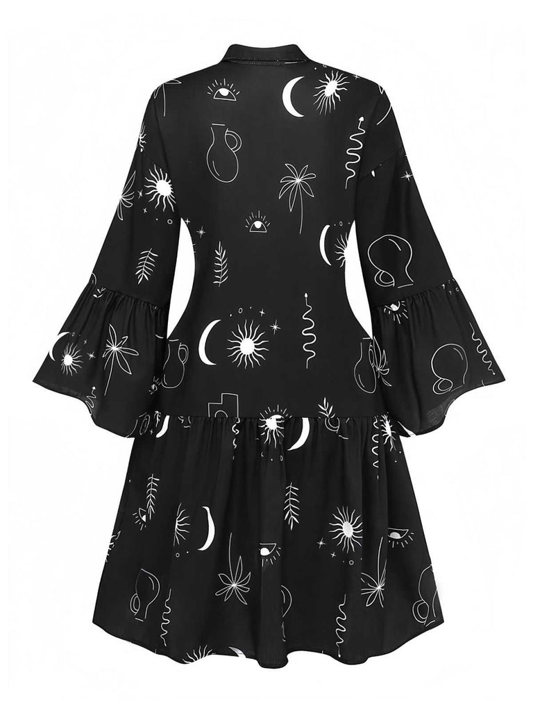 Robe chemise noire à manches évasées imprimée années 1970