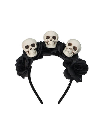 Serre-tête noir Halloween avec tête de mort et roses