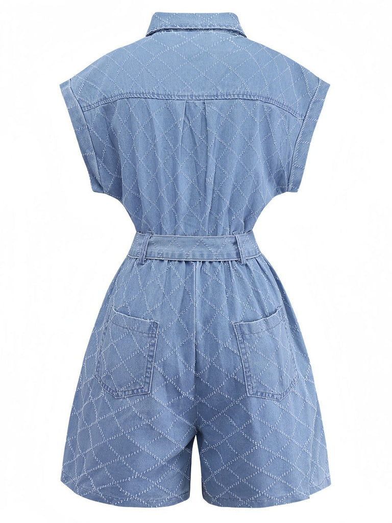 Combishort utilitaire en jean bleu avec boutons années 1980