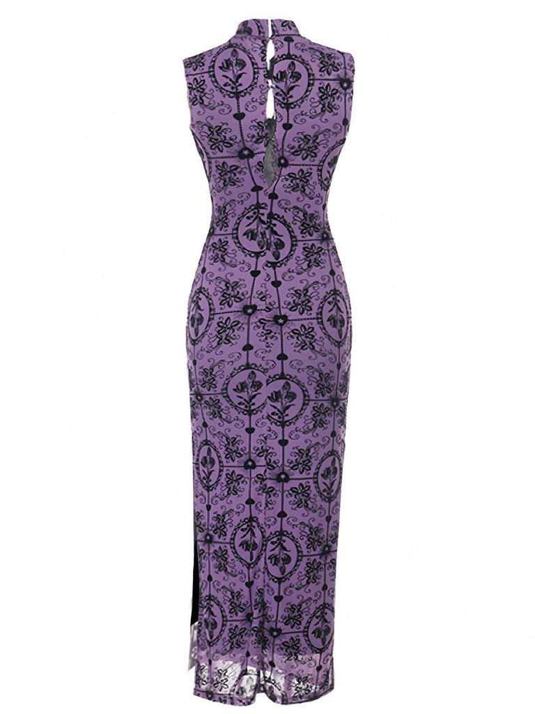 Robe néo-chinoise violette floquée de roses années 1930