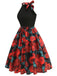 Robe dos nu patchwork col rond et nœud roses rouges des années 1950