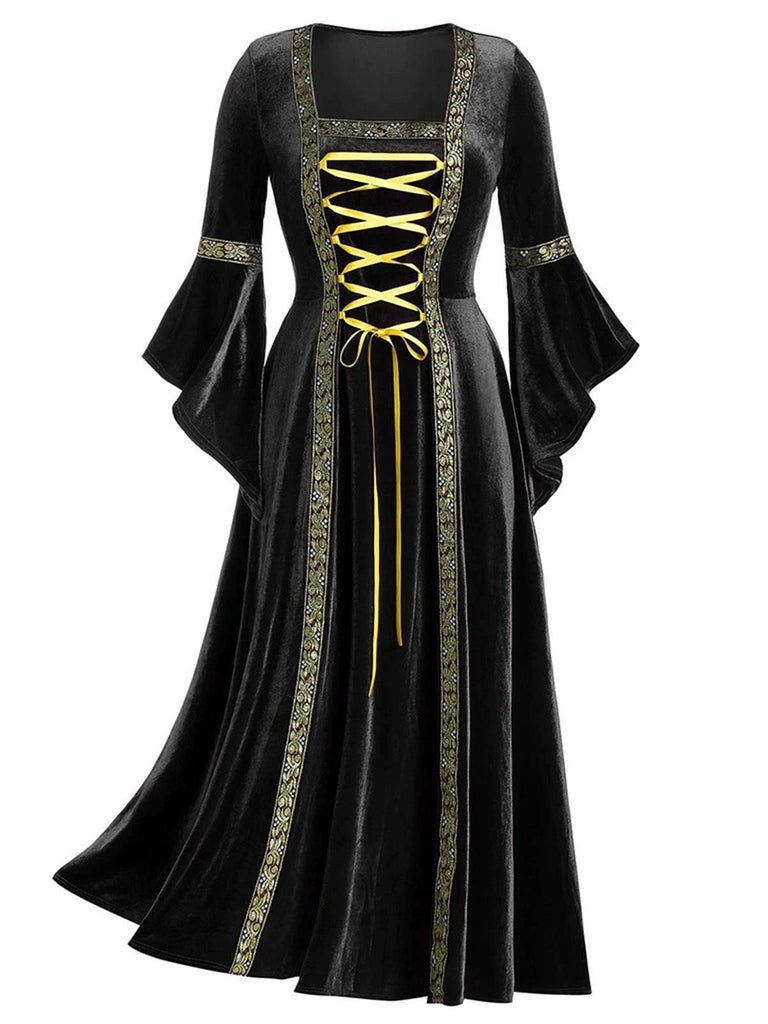 Robe Renaissance médiévale en velours à bordure dorée des années 1930
