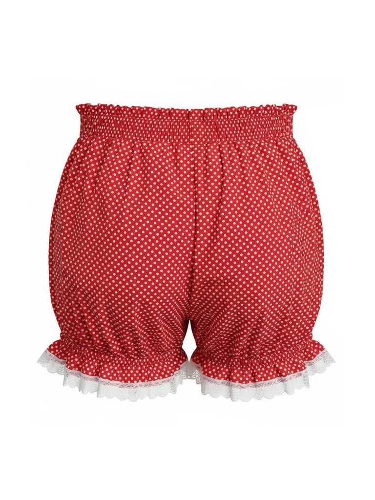 Short citrouille rouge à pois avec nœud et bordure en dentelle années 80
