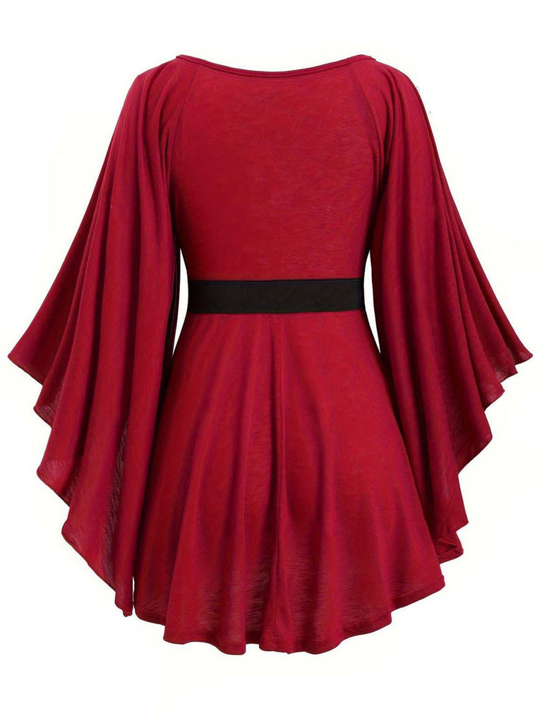 [Grande taille] Haut à volants et manches chauve-souris rouge foncé des années 1970