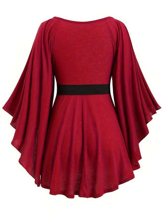 [Grande taille] Haut à volants et manches chauve-souris rouge foncé des années 1970