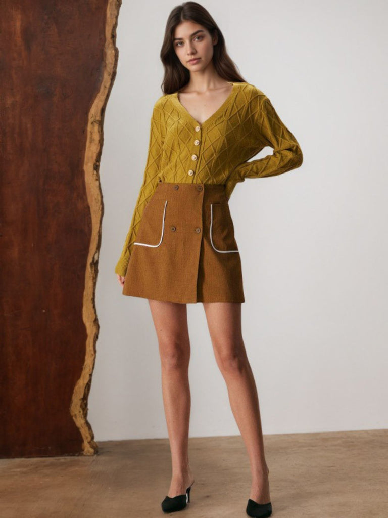 Jupe trapèze taille haute marron avec poches années 1980