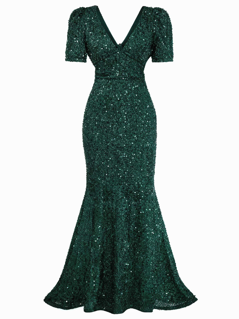 [Prévente] Robe sirène longue à paillettes et nœud rouge vin années 30
