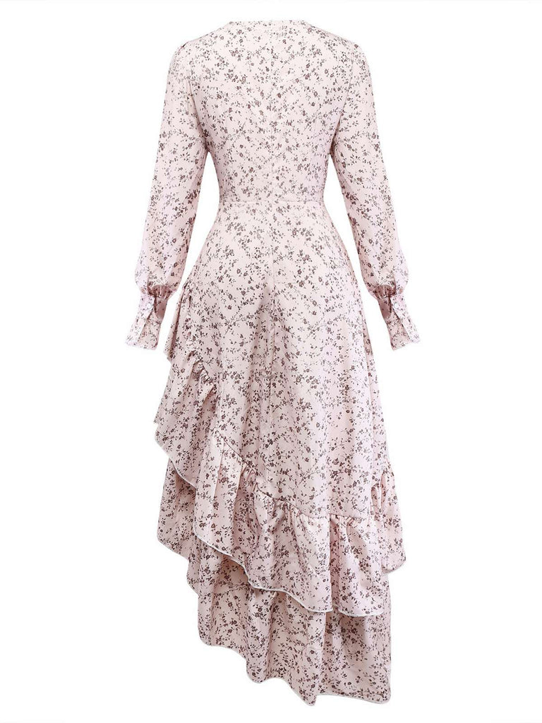 Robe multicolore à fleurs col en V et ourlet à volants irréguliers des années 1940