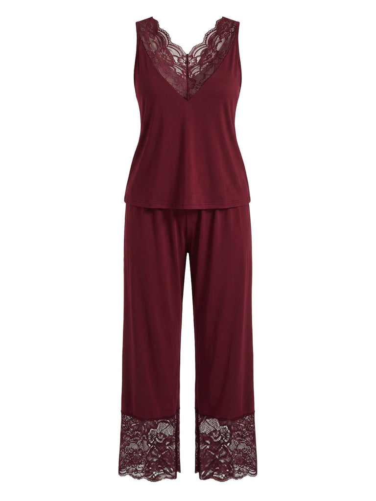 [Grande Taille] 2PCS Ensemble Pyjama à Caraco Bordé de Dentelle Années 1940 - 3