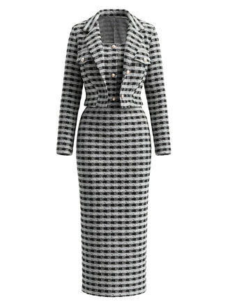 2PCS Ensemble Robe et Veste Blazer en Tweed à Carreaux et Boutons Nacrés Années 1960 - 1