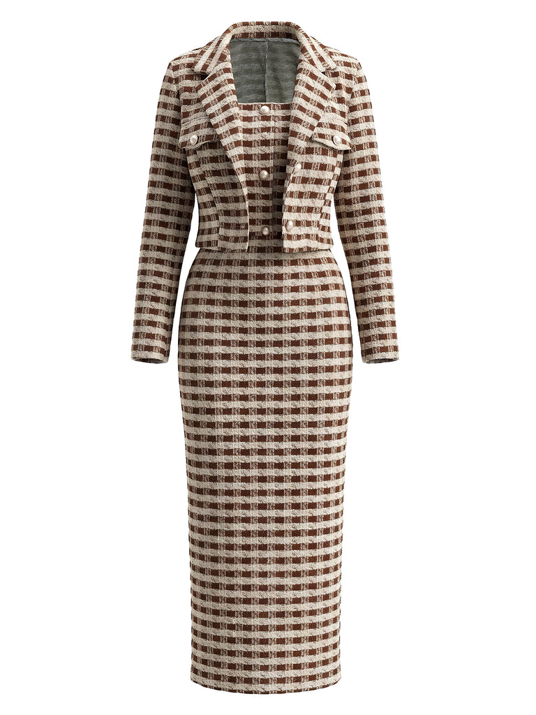 2PCS Ensemble Robe et Veste Blazer en Tweed à Carreaux et Boutons Nacrés Années 1960 - 5