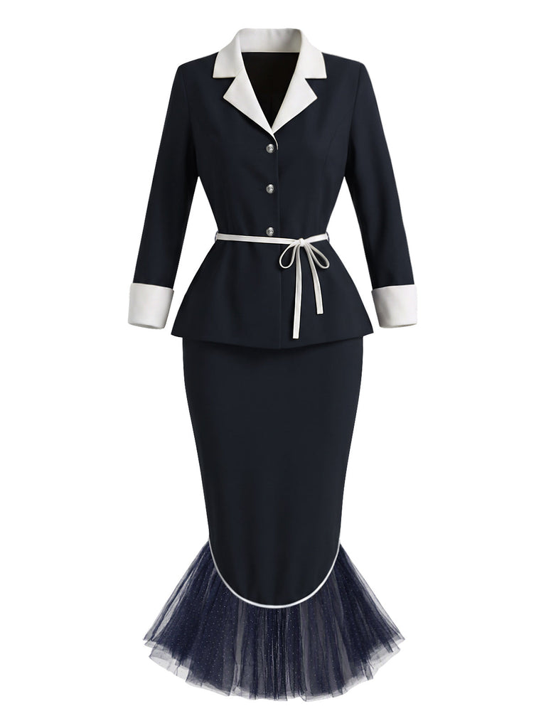[Prévente] 2PCS Ensemble Veste à Revers avec Ceinture et Jupe Sirène à Ourlet en Tulle Années 1960 - 2