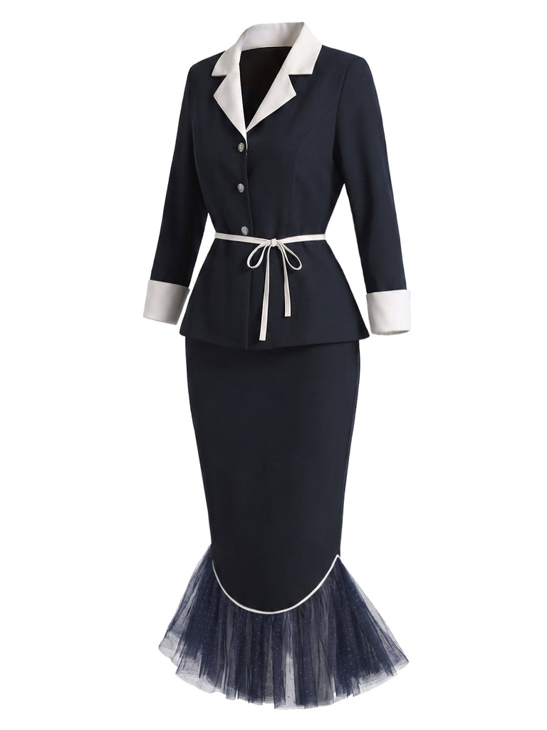 [Prévente] 2PCS Ensemble Veste à Revers avec Ceinture et Jupe Sirène à Ourlet en Tulle Années 1960 - 3