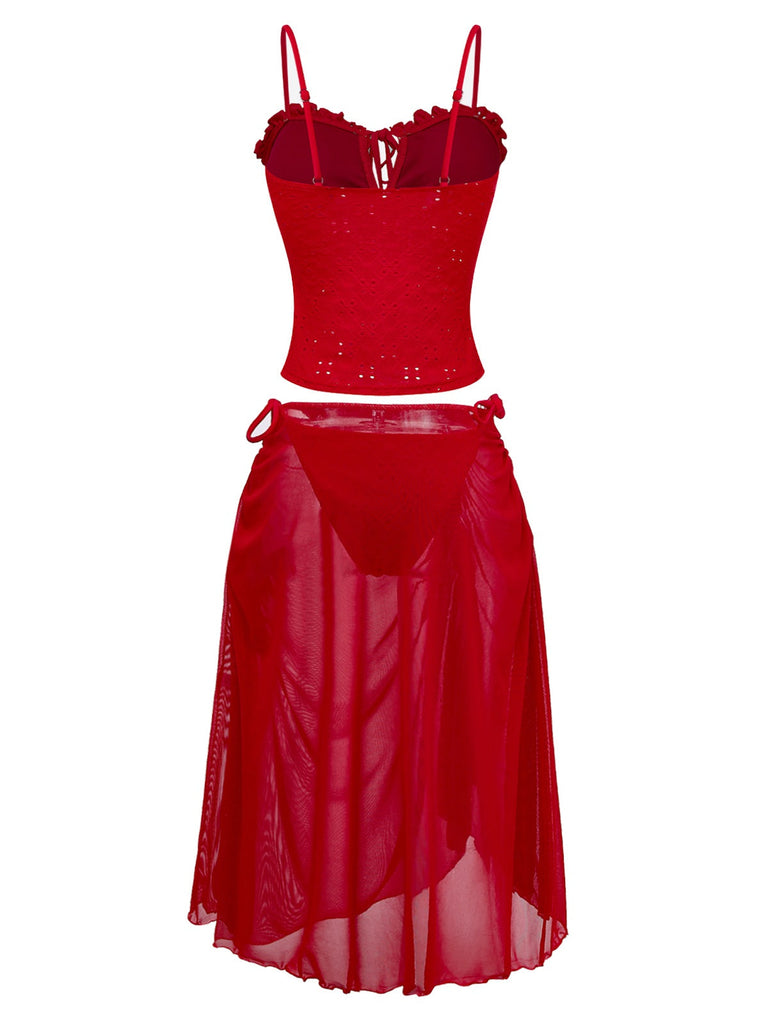 2pcs-red-1960s-cutout-ruffled-tankini-set-cover-up-back-view