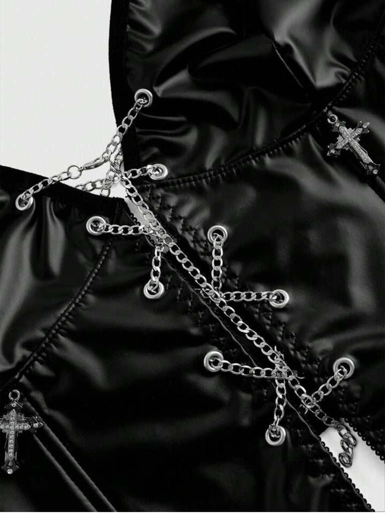 Corset noire gothique à chaîne et cordon croisé années 1980