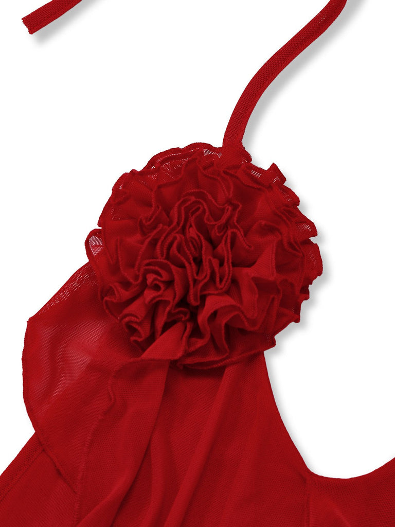 Robe dos nu rouge à volants et laçage floral 3D des années 60