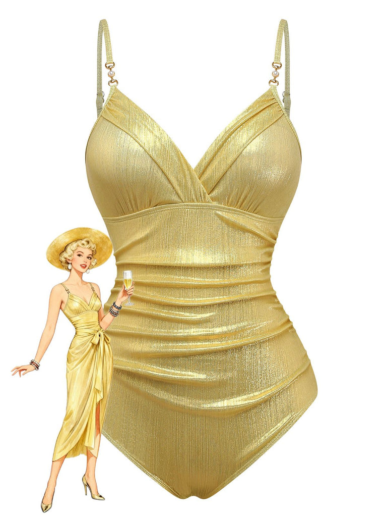 Maillot de bain une pièce doré à bretelles froncées et perles années 1980