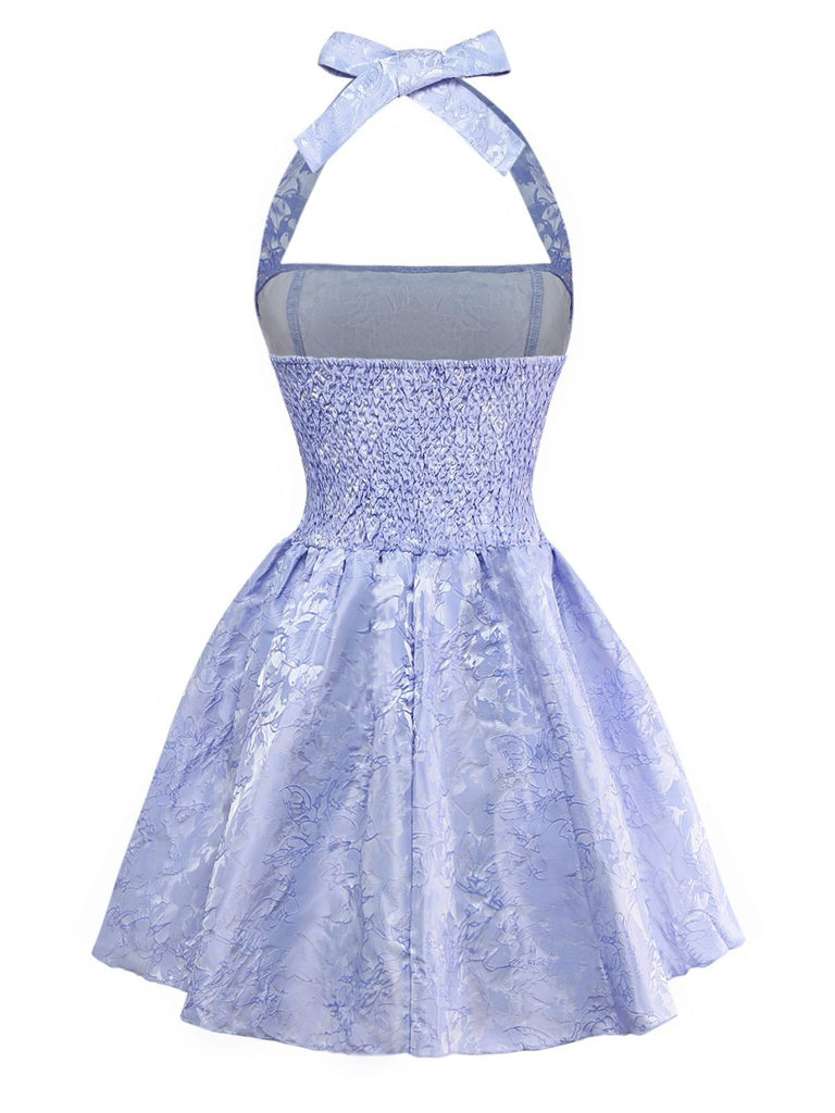 Mini robe plissée en jacquard fleurs bleu violet des années 1970