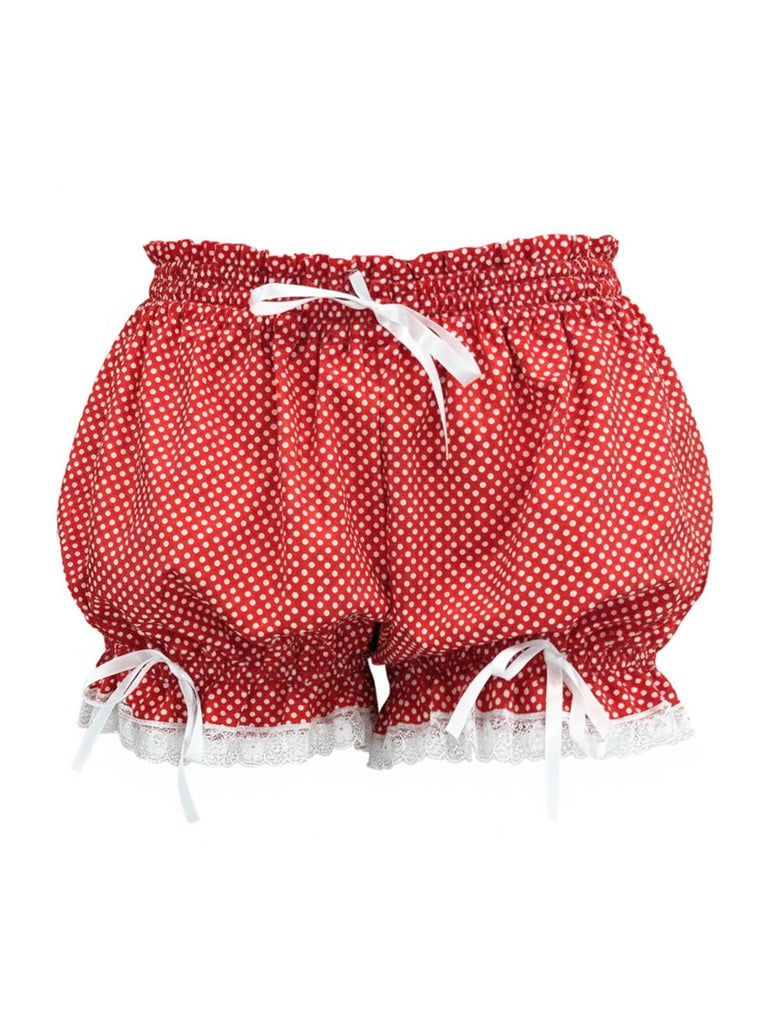 Short citrouille rouge à pois avec nœud et bordure en dentelle années 80