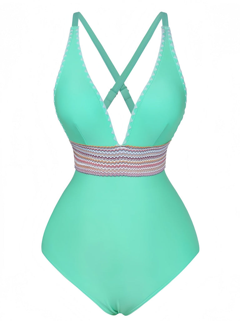 Maillot De Bain Une Pièce Col V Profond Ondulé Patchwork Année 1940