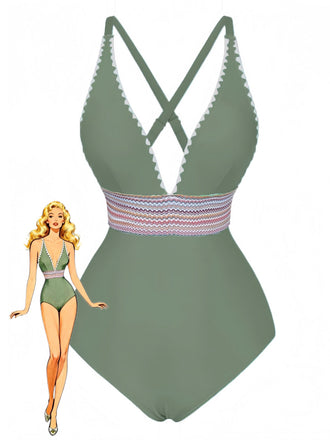 Maillot De Bain Une Pièce Col V Profond Ondulé Patchwork Année 1940