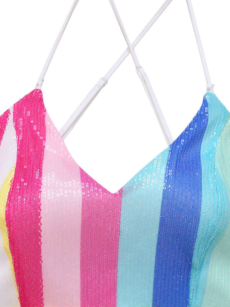 Combinaison multicolore à rayures verticales et paillettes col en V années 1960
