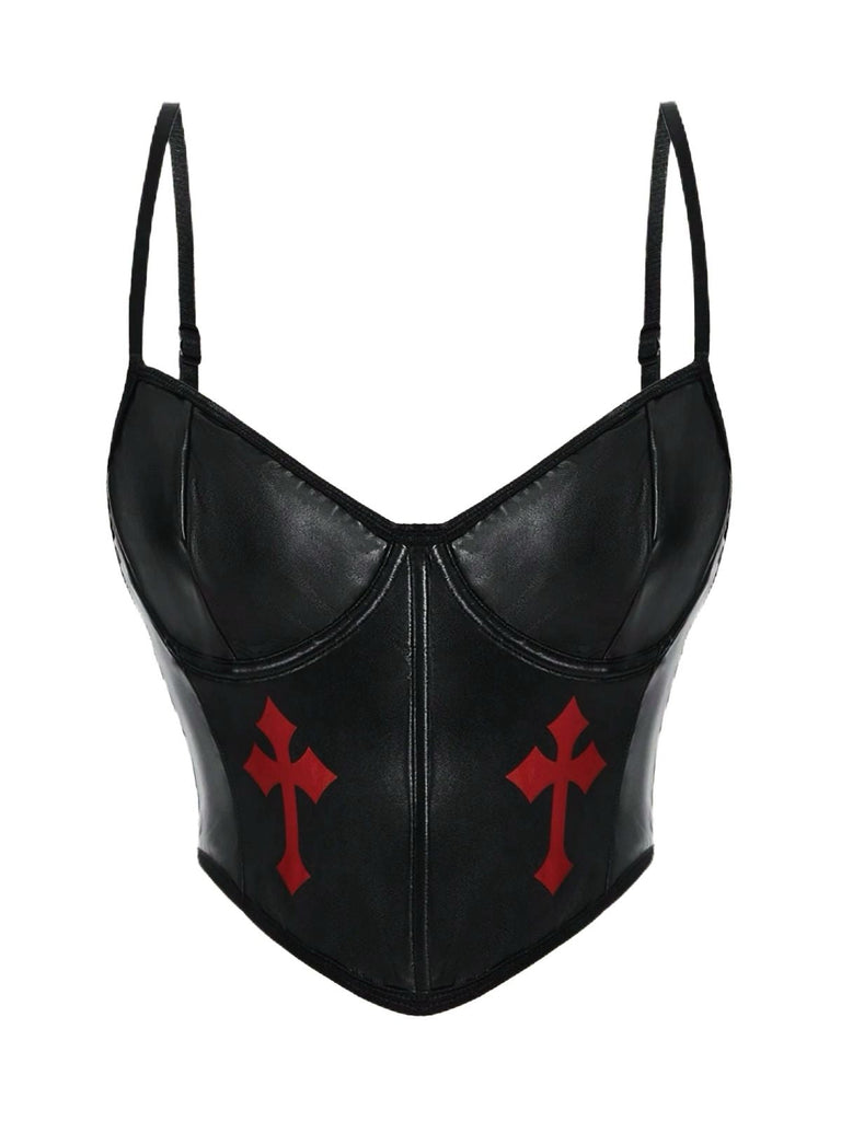 Haut caraco noir en similicuir à motif croix gothique des années 1970