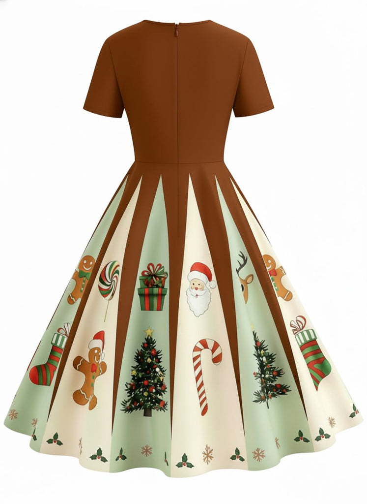 Robe trapèze marron style pain d'épices de Noël des années 1950