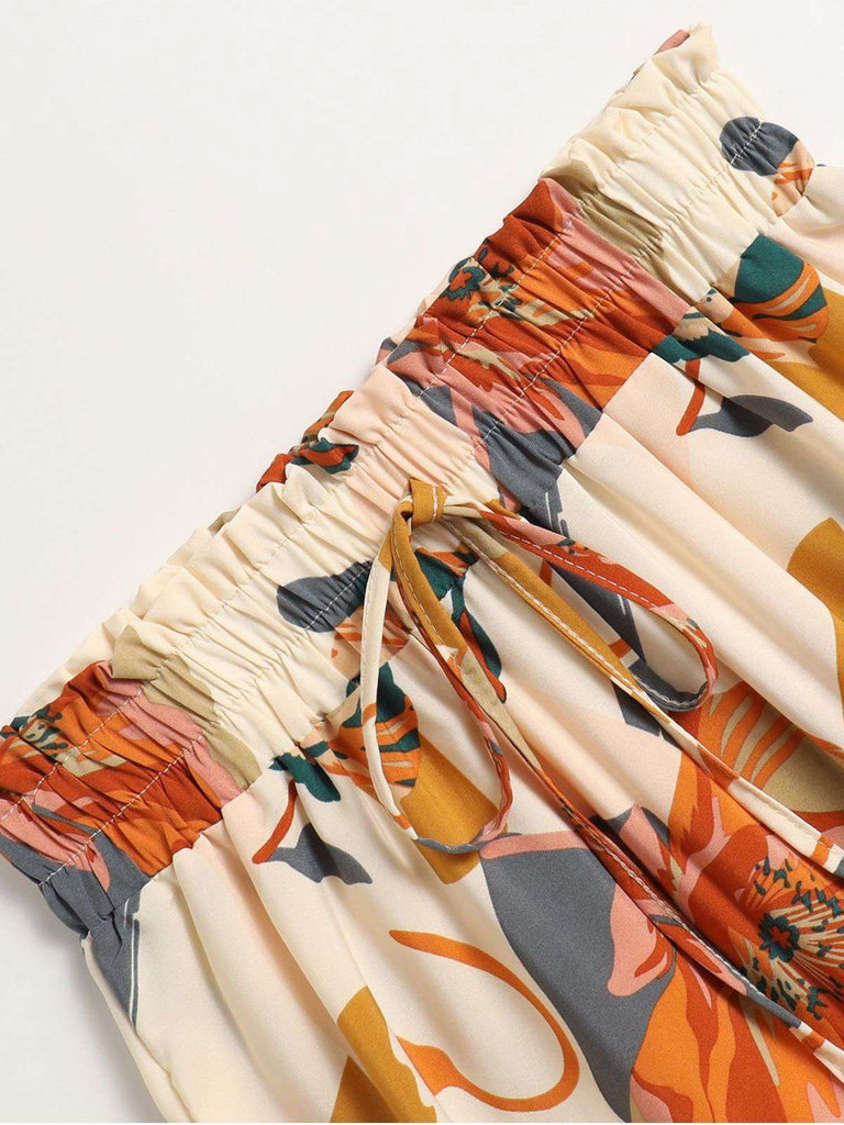 Jupe à volants style bohème à fleurs et nœud des années 1970