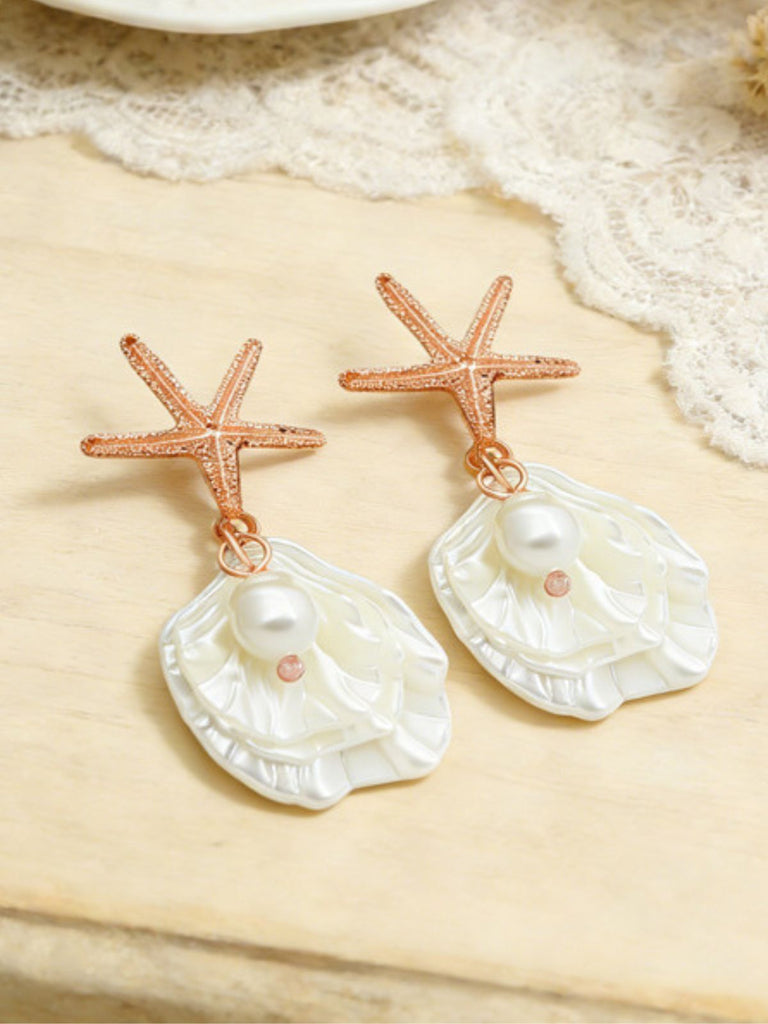 Boucles d'oreilles pendantes en coquillage d'étoile de mer doré perle