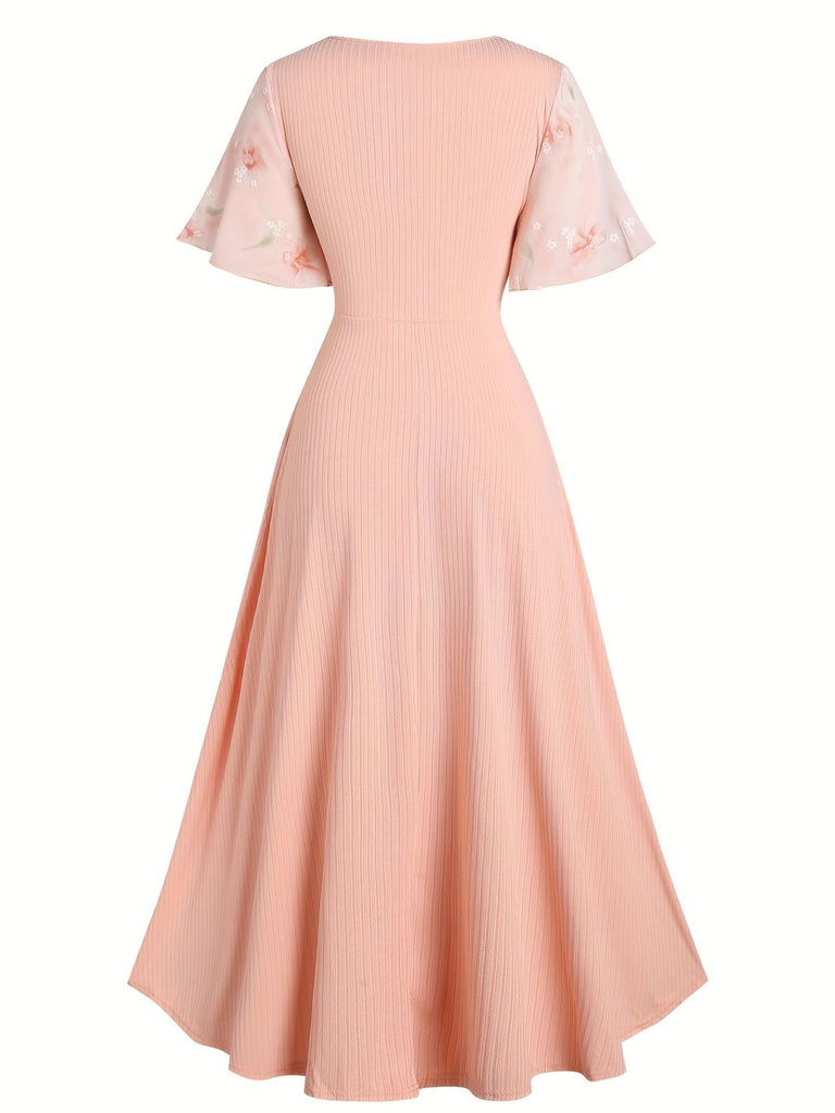 [Grande taille] Robe rose ourlet tulipe à fleurs patchwork des années 1970