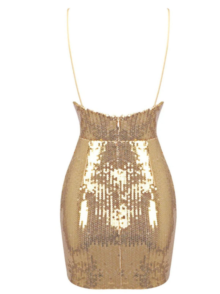 Robe de soirée courte à paillettes dorées années 1970