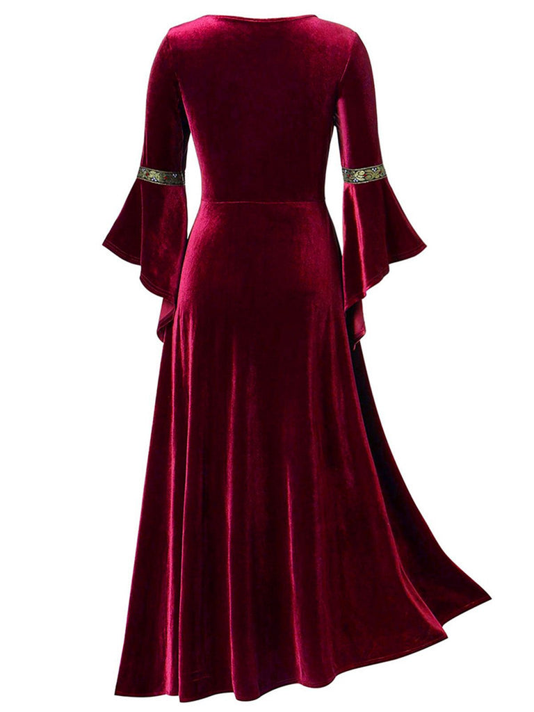 Robe Renaissance médiévale en velours à bordure dorée des années 1930