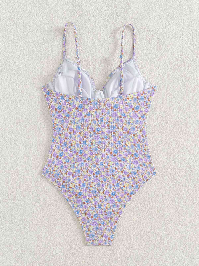 Maillot de bain une pièce violet à lacets floral des années 1950