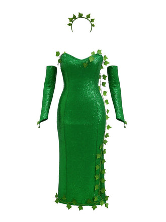 Ensemble bandeau à feuilles multiples et robe à paillettes vert années 1970