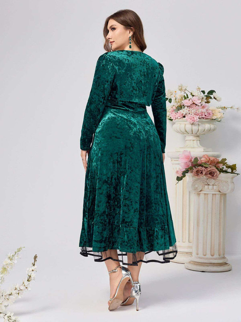 [Grande taille] 2PCS robe col en cœur et manteau en velours vert années 40