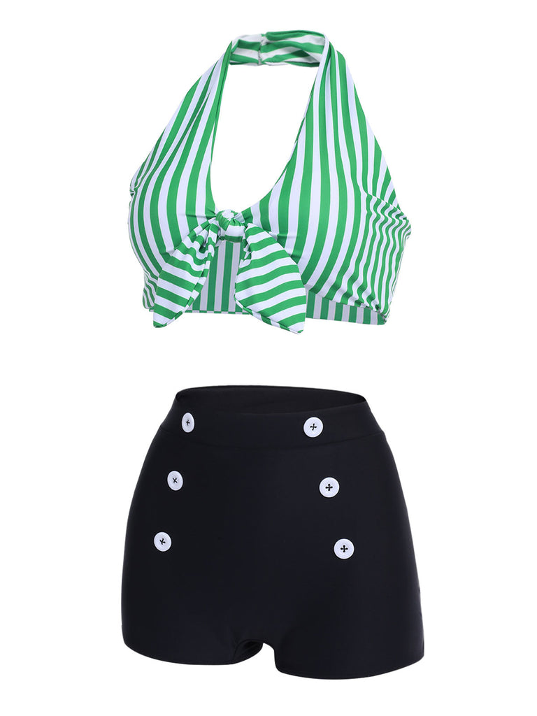 Maillot de bain vert à rayures col v dos nu rétro