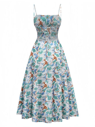 Robe à fleurs à bretelles fente latérale années 1950