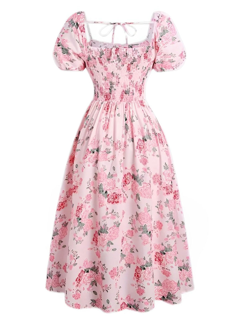 [Grande taille] Robe fleurie rose à col carré des années 1950