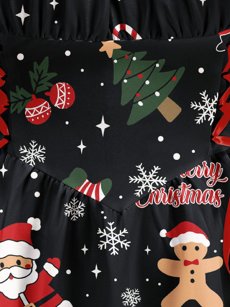 Robe noire à lacets imprimée Noël années 1950