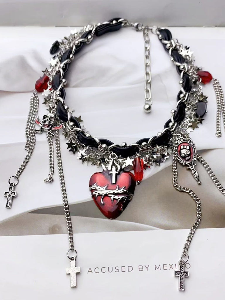 Collier ras-du-cou gothique en cuir avec croix et pompon