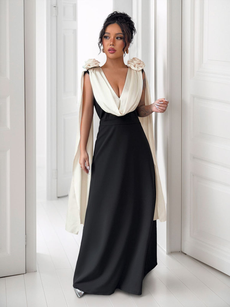 Robe cape roses 3D à col en V colorblock années 1930