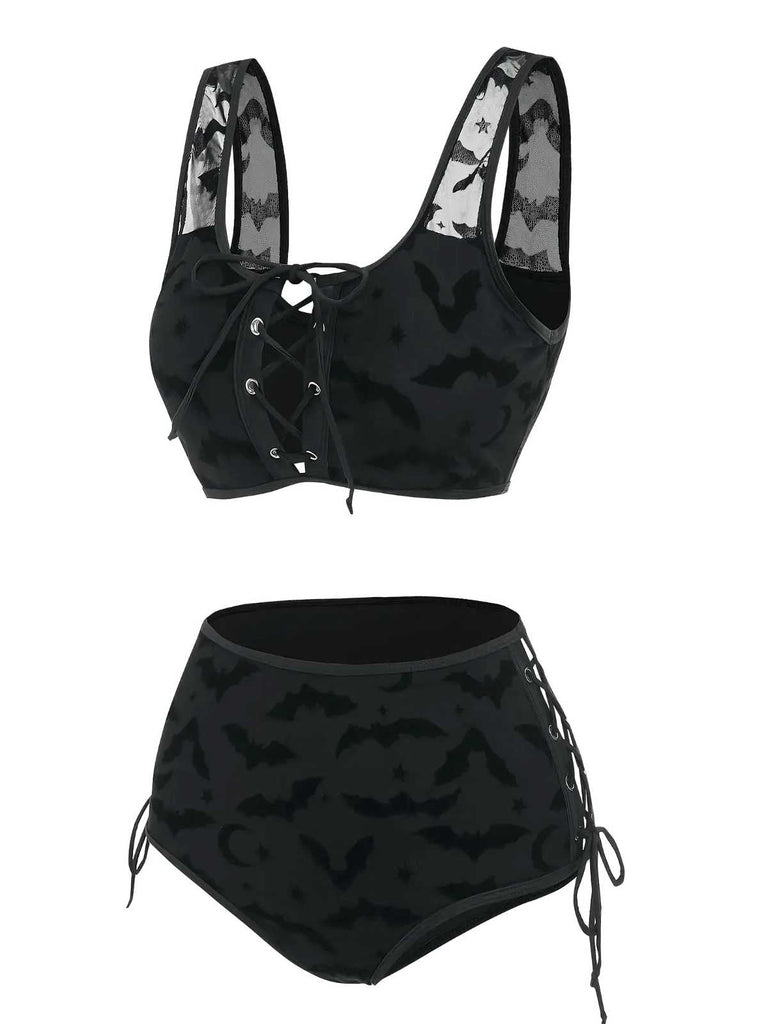 Ensemble bikini gothique en maille chauve-souris noire années 1980