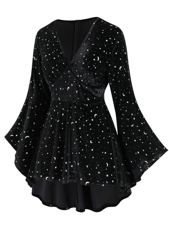 [Grande taille] Robe noire en velours col en V motif étoiles des années 1960