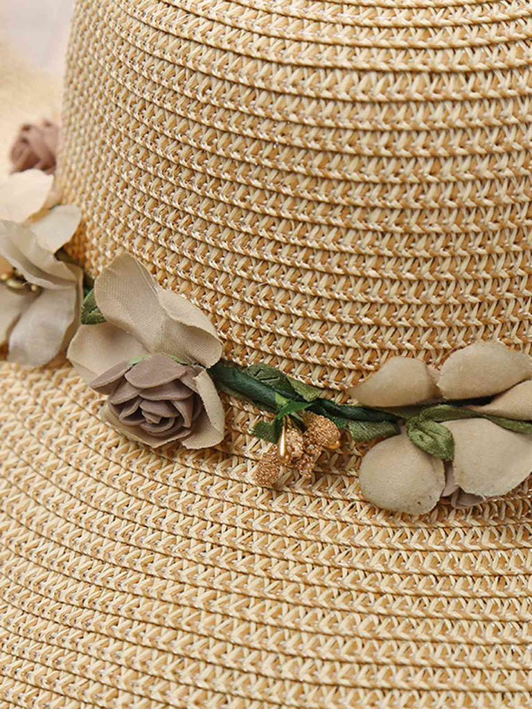 Chapeau soleil vintage raphia franges floral 3D