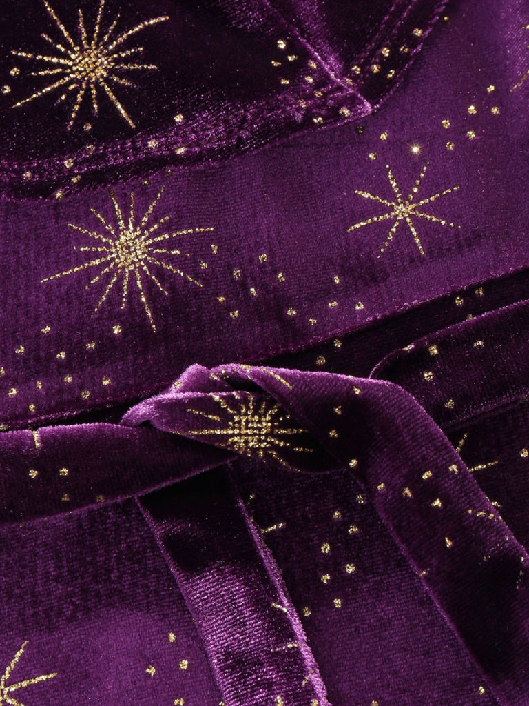 Robe à volants en velours col en V et étoiles violet des années 40