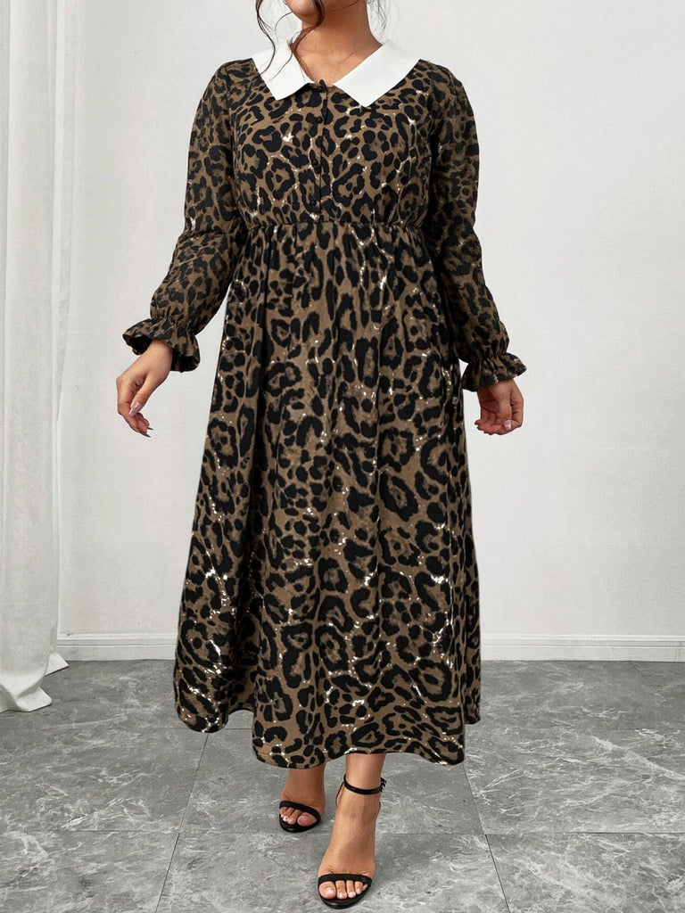 [Grande taille] Robe léopard à manches longues à revers années 1970