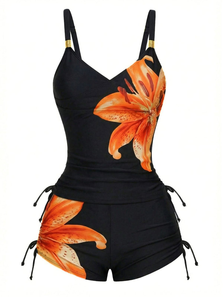Tankini noirs à lacets uni à motif floral années 1950