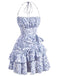 Robe à fleurs en porcelaine à volants et dos nu des années 1970